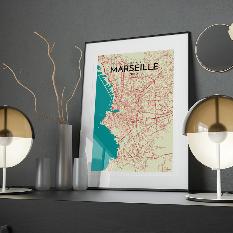 «Marseille City Map», impression, H 17 po x l 11 po, Vert / beige
