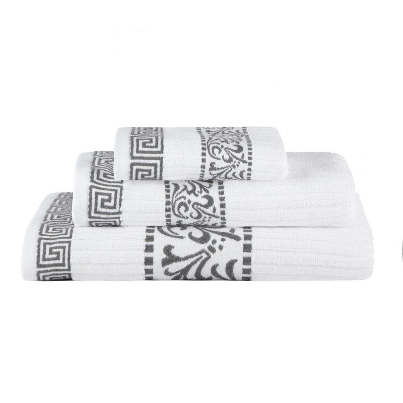 Jiro Athens 100% Cotton Medium Weight Floral Border Assorted Towel Set, White/Gray