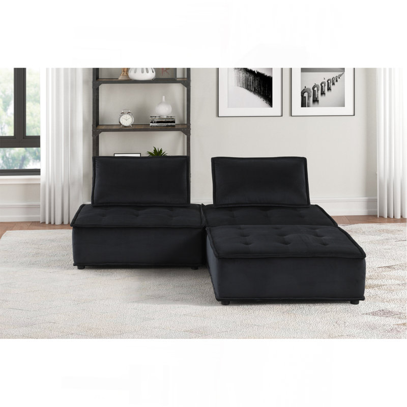 80" Black Velvet 3 Pc Sectional Sofa Ottoman