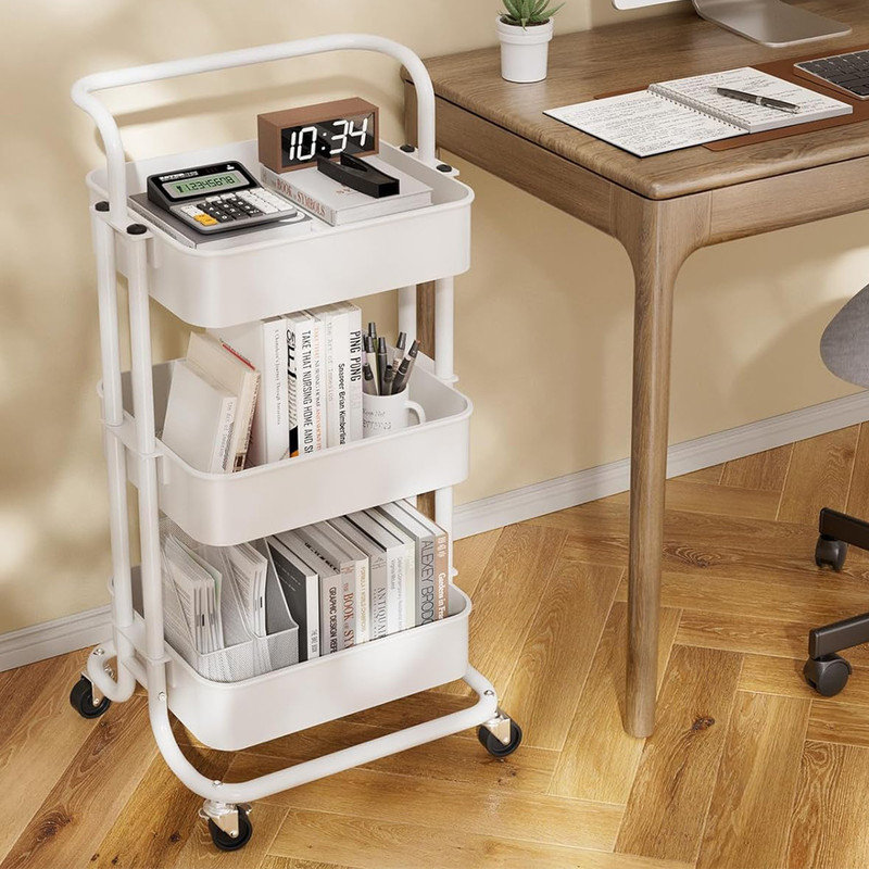 White 3-Tier Metal Rolling Utility Cart with Lockable Wheels