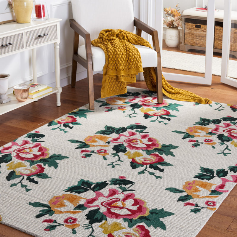 Akyrie Floral Handmade Tufted Wool Ivory/Red Area Rug, Rectangle 5' x 8'