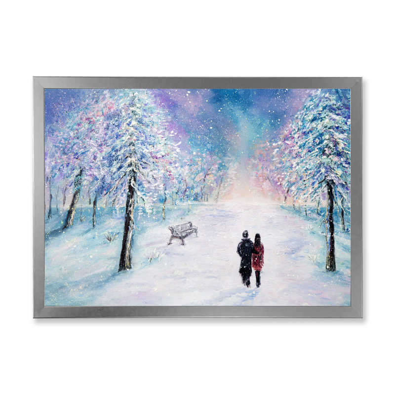 Couple dans un parc pendant un hiver enneigé - cadre photo sur toile, Toile avec cadre argenté, H 16 po x l 32 po x p 1 po