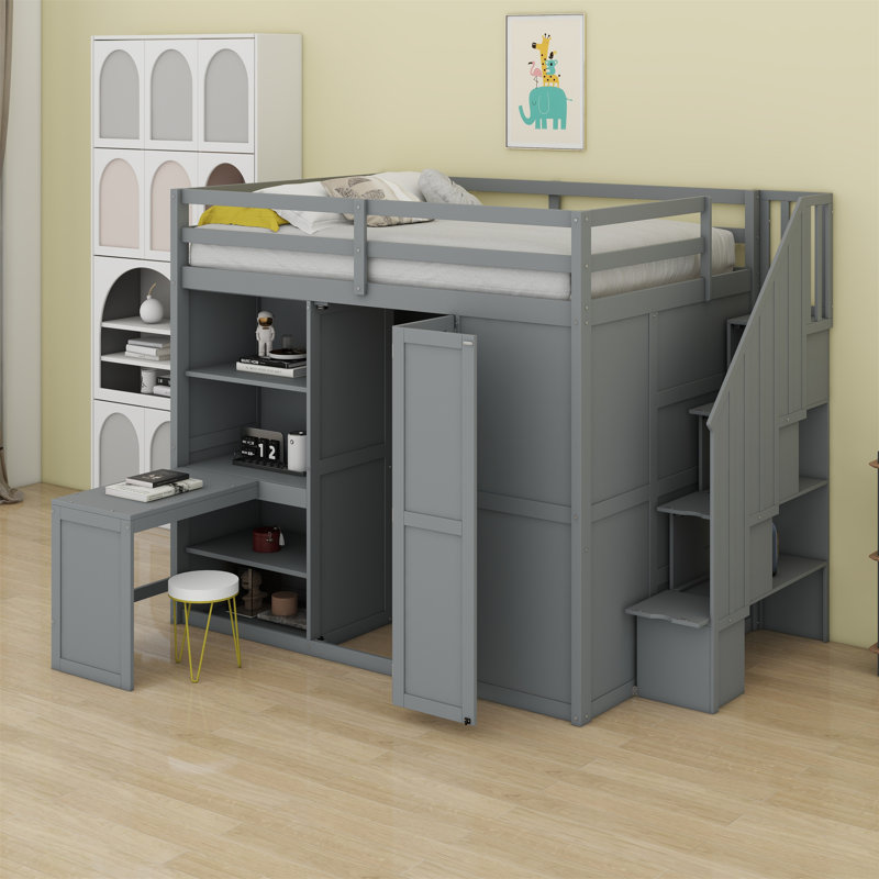 Lit mezzanine avec garde-robe, bureau et tablettes, gris