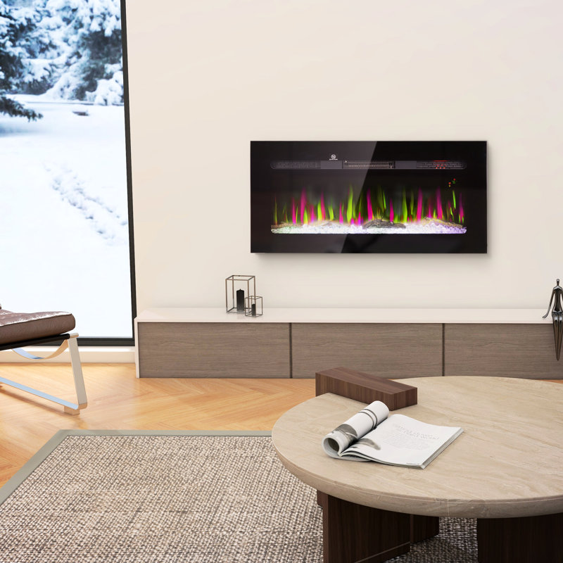 Foyer électrique mural 36 "- 1500W, minuterie 8H, flamme réglable, bûche et cristal, acier noir, chauffage efficace à chaleur de 1500W, luminosité de la flamme,