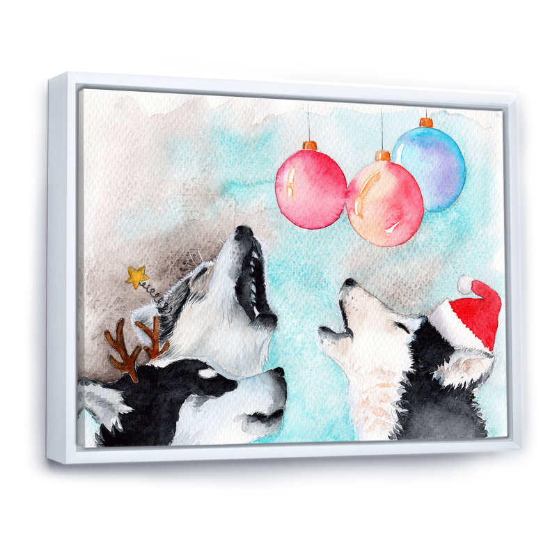 «Three Funny Cute Husky Dogs in Christmas Hats», reproduction sur toile, H 12 po x l 20 po x P 1 po, Cadre flottant blanc
