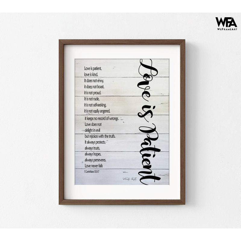 «Love is patient» par Cindy Jacobs, 1 Corinthiens 13, affiche, verset de la Bible encadré, décor de petit café chrétien, idée de cadeau d'anniversaire