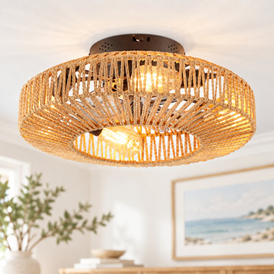 Ventilateur de plafond Socher 20'' style bohème bohème en rotin avec cage, ensemble d'éclairage et télécommande