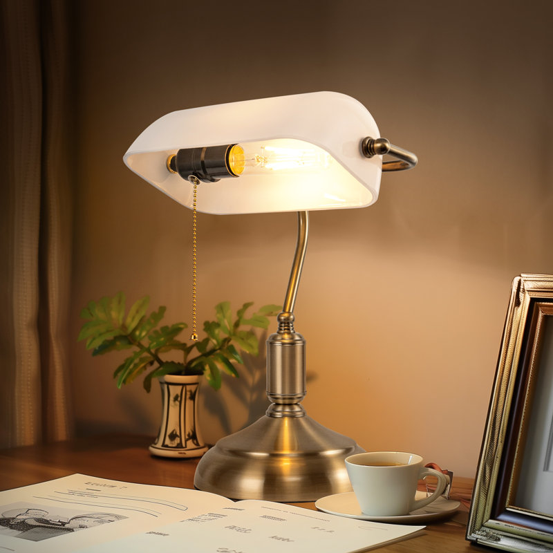 Lampe de banquier en verre noir avec garniture dorée et interrupteur à chaîne, lumière de bureau réglable pour bureau, bibliothèque ou bureau