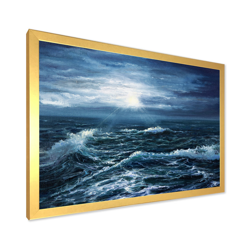 Soleil à travers les vagues de l'océan - Peinture sur toile, Encadrement doré, H 16 po x l 32 po x p 1 po