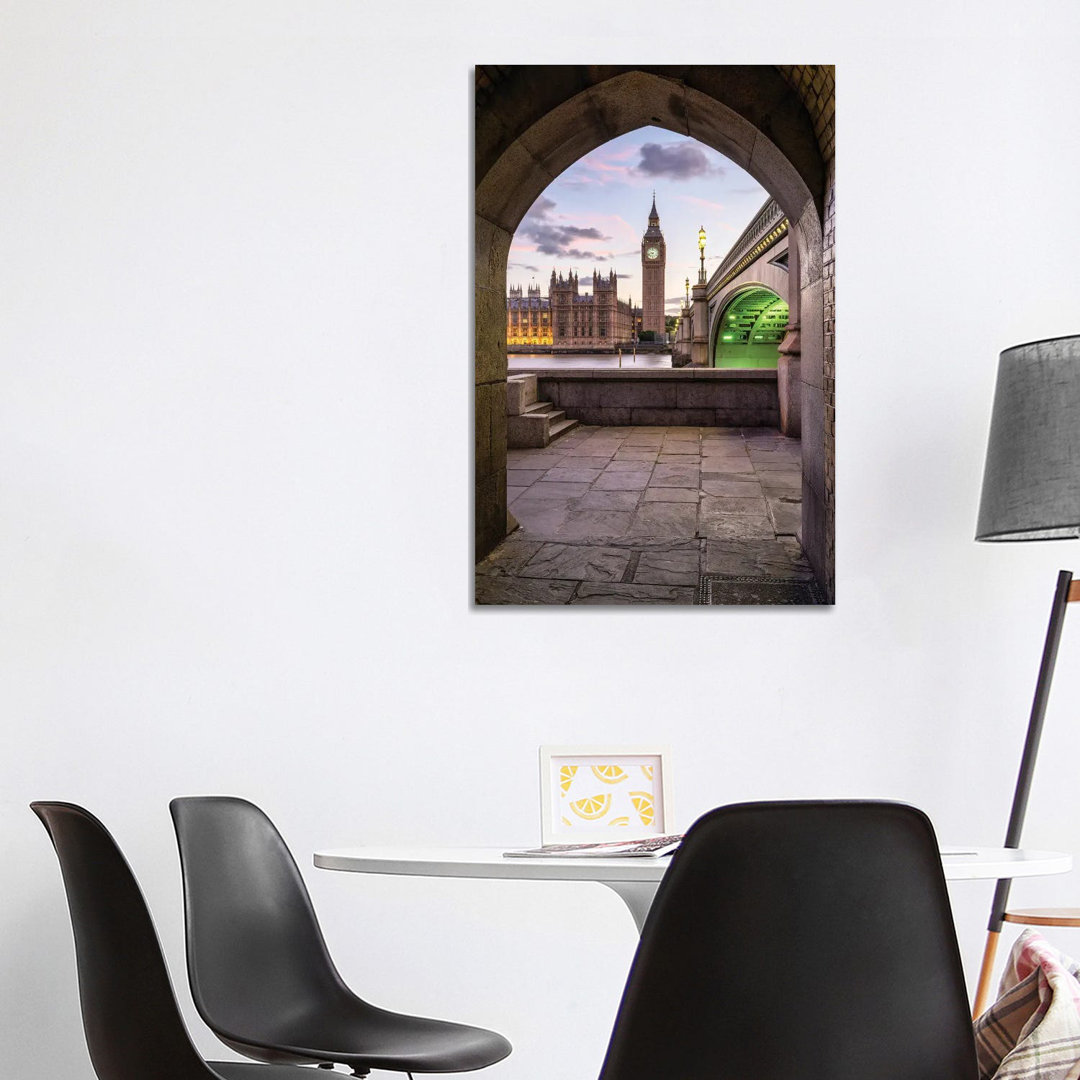 Big Ben und Westminster Bridge bei Sonnenuntergang, London, Großbritannien von Jan Becke - Giclée auf Leinwand ohne Rahm...