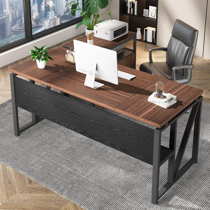 Lympsham 2 - Piece Home Office Executive Desk and Lateral File Cabinet, 29" H x 63" W x 55" D, Dark Brown/Black