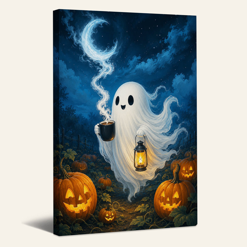 «White Ghost» tenant une lanterne en citrouille d'Halloween sur toile, H 24 po x l 18 po