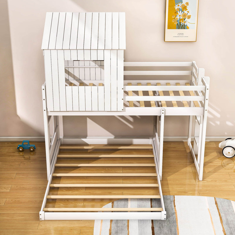Lit superposé double en bois avec maisonnette en bois, Blanc