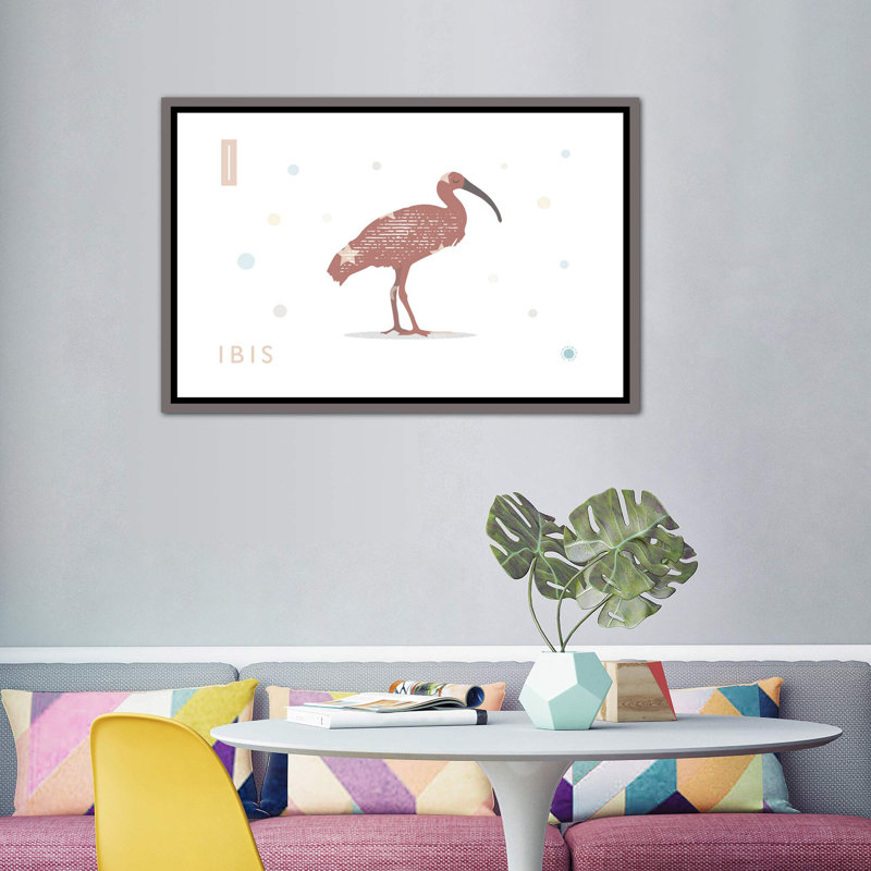 Ibis - impression d'art graphique, H 40 po x l 60 po x 1,5 po, Toile avec cadre gris, Pas de tapis