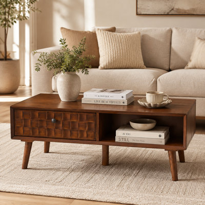 16" Farmhouse-Style Wooden Coffee Table – Features Hidden Drawer & Open Shelf; Decorative Storage Table for Living Rooms