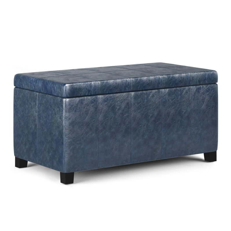 Dover 36"W Upholstered Storage Ottoman Bench with Lift-Top and Large Interior Storage, Denim Blue Faux Leather