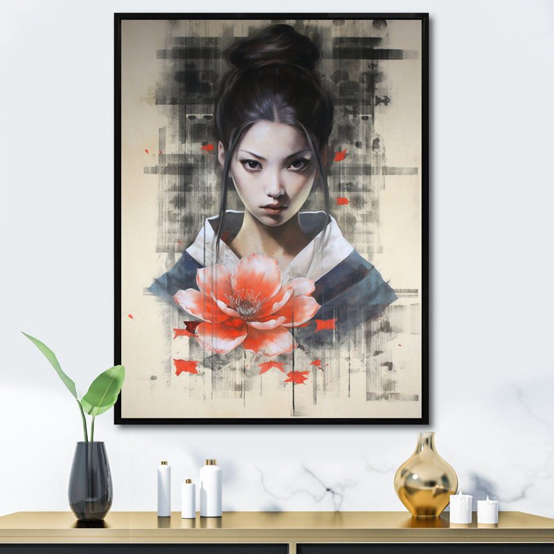 Femme orientale rétro avec fleur de lotus - impression, Cadre flottant noir, H 40 po x l 30 po x P 1,5 po