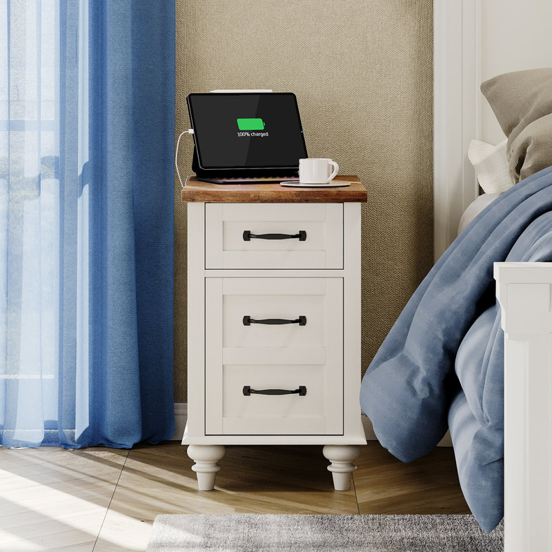 Francene 2 - Drawer End Table Set and Built-In Outlets, Brown Wood/White