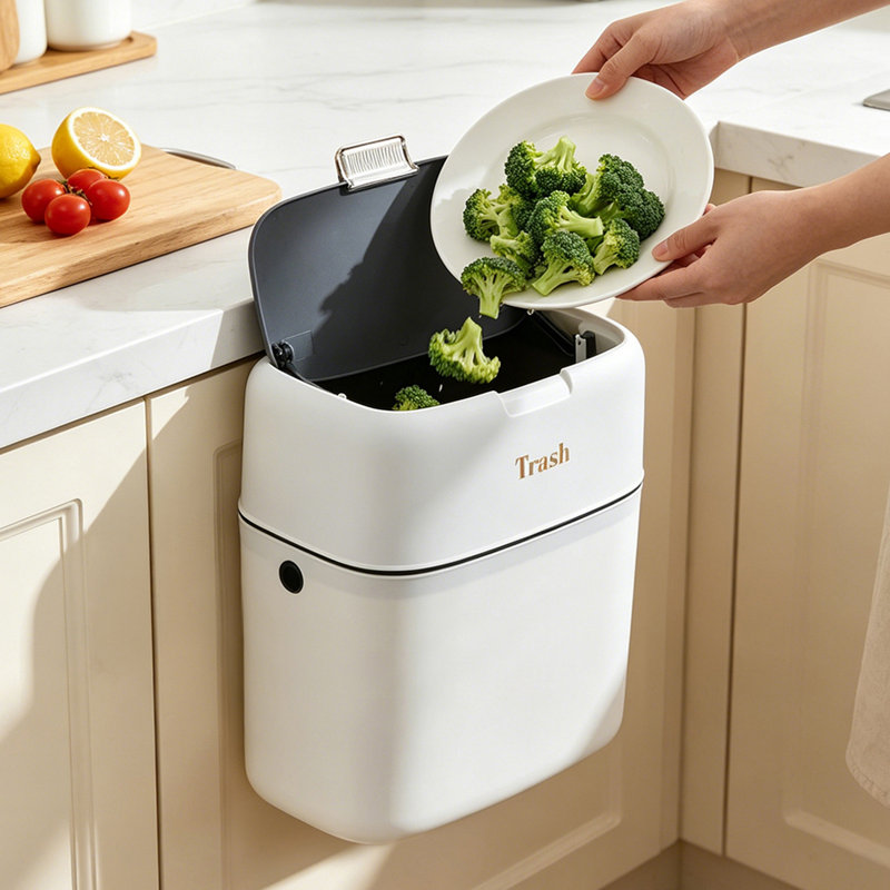 9L Hanging Rubbish Bin with Lid, White：gold