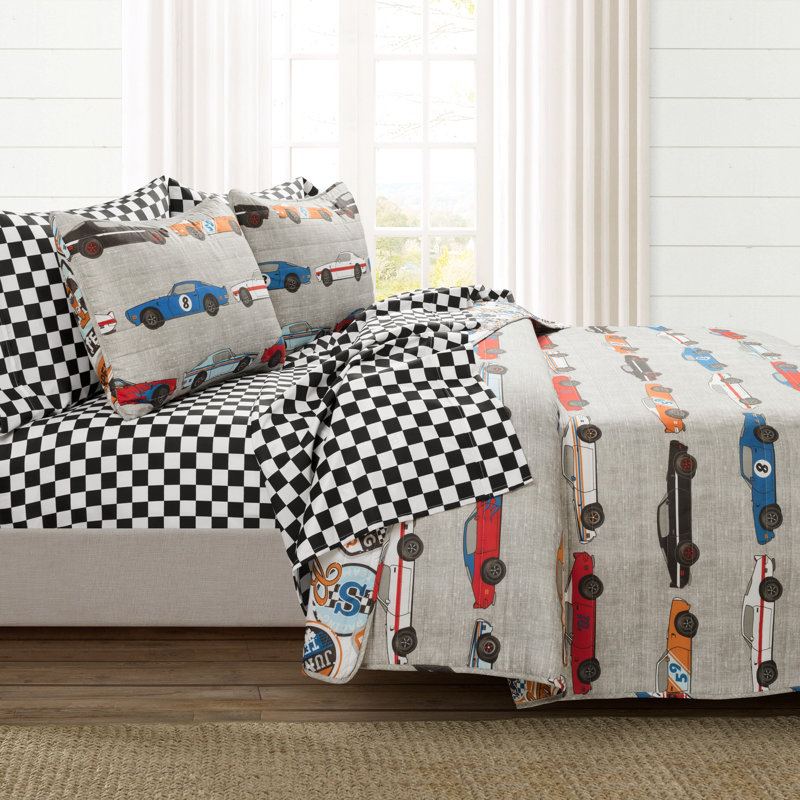 Lush Decor Race Cars Bed in a Bag Reversible Quilt Set with Bed Sheets, Twin