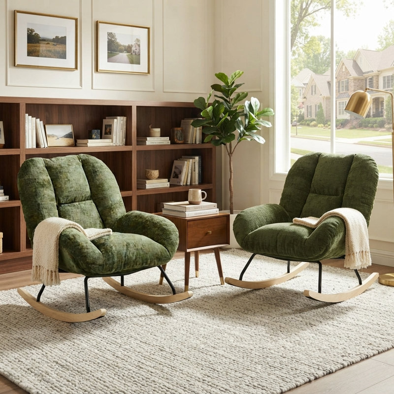 Ensemble de 2 fauteuils à bascule modernes rembourrés avec base en bois d'hévéa pour salon, chambre et chambre d'enfant, vert sauge
