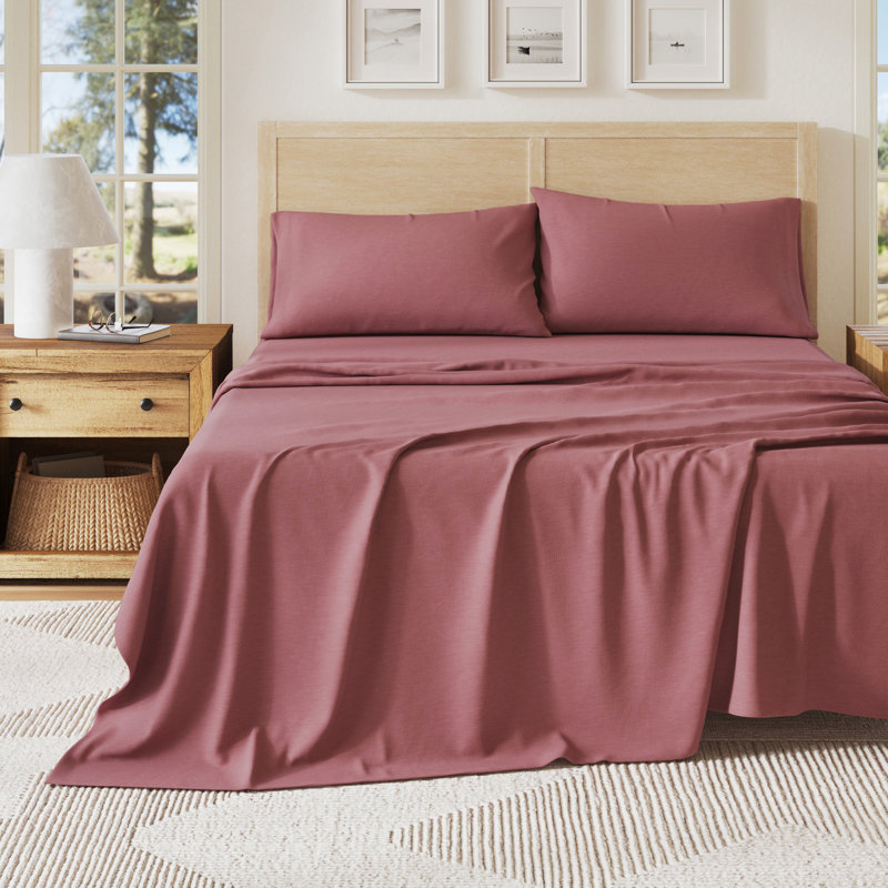 Ensemble de draps en jersey de coton chiné ultra doux, Grand avec deux taies d'oreiller, Vieux rose chiné