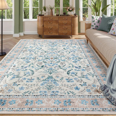 Washable Area Rug, 8x10 Boho Floral Soft Rugs for Living Room, Non Slip Low Pile Carpet for Bedroom, Dining Room, Nursery, Hallway, Blue