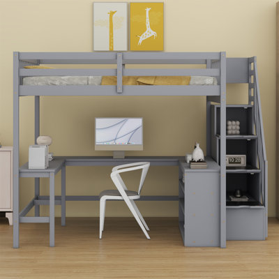 Loft Bed With Built-In L-Shaped Desk And Three-Tier Storage Shelves,And Attached Storage Staircase