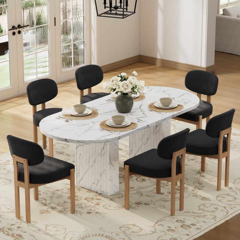Oval Double Pedestal Kitchen Table Sets, 7 Pieces: Table, 6 Chairs, Black