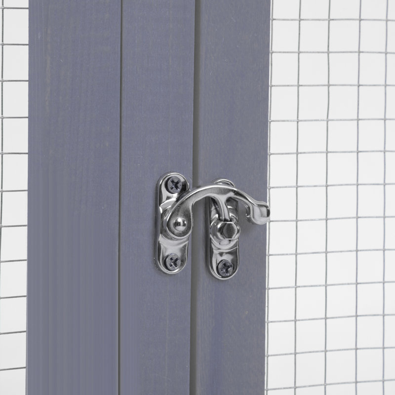 Enclos pour chat gris en bois avec 6 plateformes de saut, 2 condos, pont et grattoir