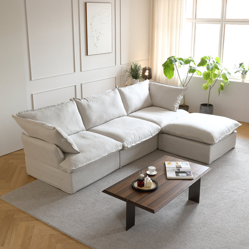 Fairford 4-Piece Upholstered Modern Corduroy Fabric Sectional Sofa With Ottomanl, Beige Linen Blend