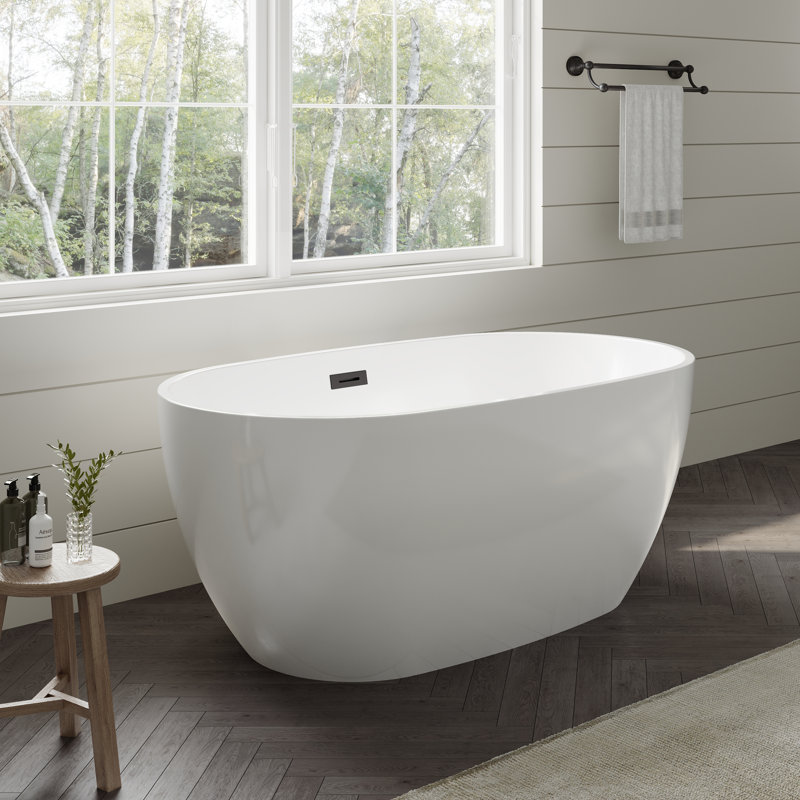 Baignoire autoportante blanche de 55 pouces avec bonde noire Juno et garniture de trop-plein Juno