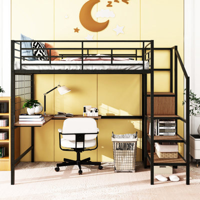 Lit mezzanine double en métal avec bureau, grille noire pour un bureau et un rangement confortables, design et finition