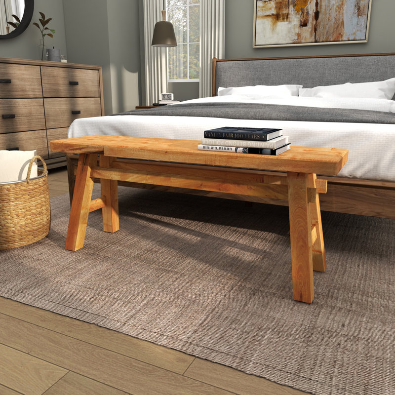 Rustic Trestle-Legged Pale Brown Wood Storage Bench