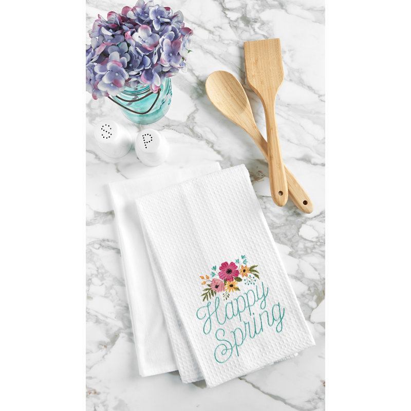 Torchon de cuisine brodé « Joyeux printemps » en tissu gaufré