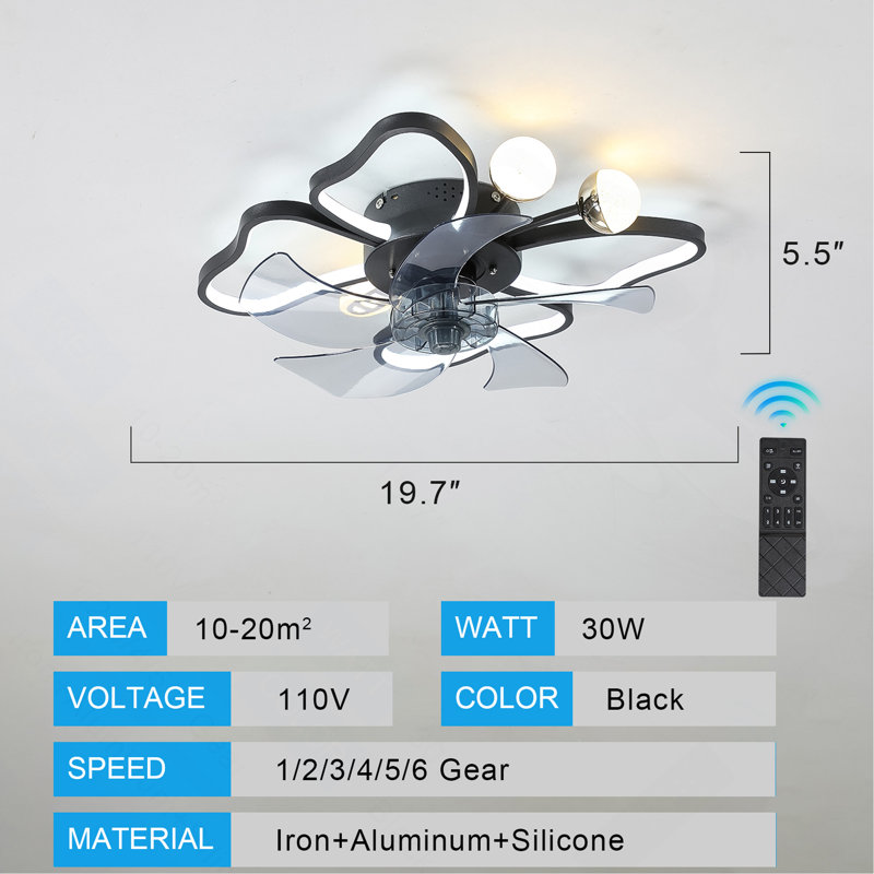Ventilateur de plafond 19,7 pouces avec lumières avec télécommande de style papillon moderne, noir, ventilateur pour chambre à coucher, salon, minuterie, silencieux, préféré des enfants