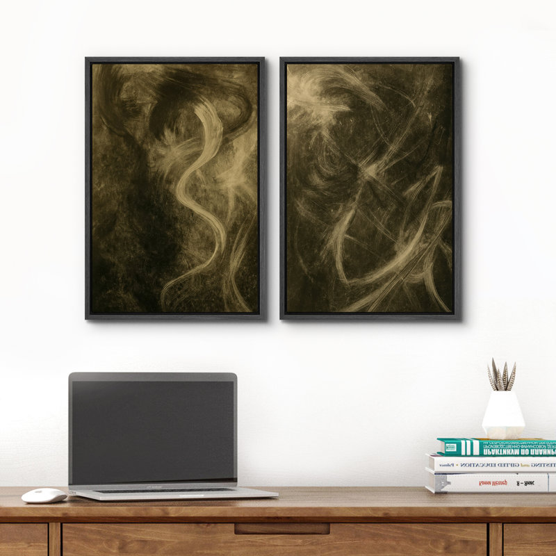 Art mural abstrait, ensemble de 2 reproductions d'art encadrées sur toile, H 24 po x l 32 po, Noir