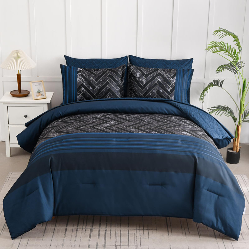 7-Piece Stripe Geometric Comforter Set, Soft Microfiber All-Season Complete Bedding Set, Navy Blue