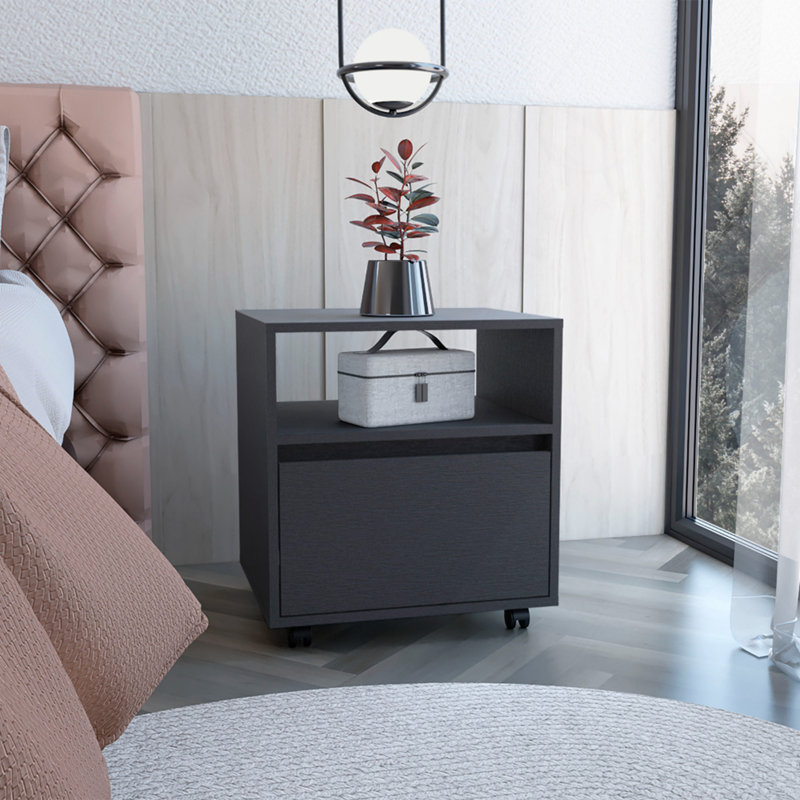 Table de chevet Austin, table de bout, roulettes de table d'appoint, tiroir simple - noir, Blanc