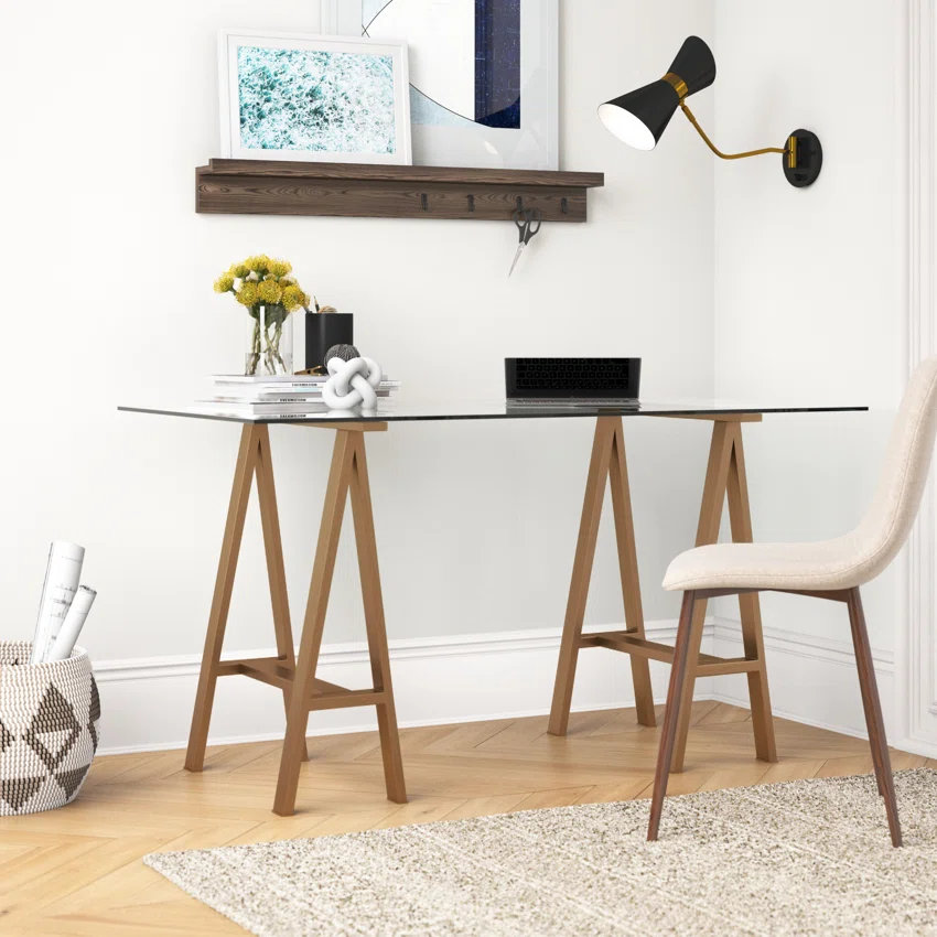 71" Glass Writing Desk, 30" H x 71" W x 36" D, Brushed Brass
