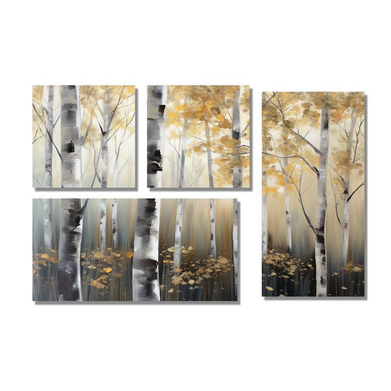Birch Tree Dense Forest III - impressions sur toile modernes 4 panneaux, Noir, Impression encadrée sans passe-partout