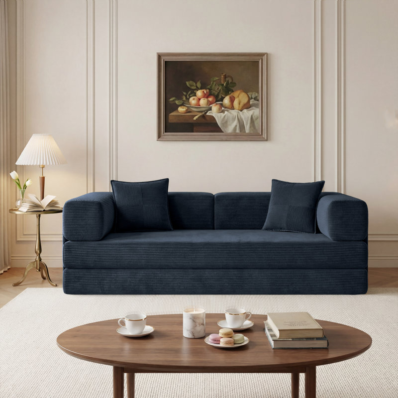 78.8'' Corduroy Convertible Sofa Bed Upholstered Sleeper Sofa with Armrest and Pillow, Blue