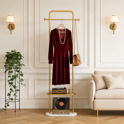 Freestanding Clothing Rack With Metal Shelves And Marble Base, Space-Saving Clothes Stand Organizer For Bedroom, Entryway, And Apartment