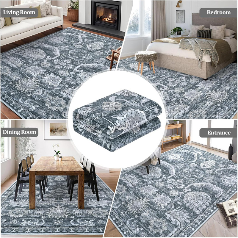 Washable Area Rug Thin Soft Vintage Indoor Rug or Dining Non-Slip Throw Rug Foldable Carpet Entry Playroom 