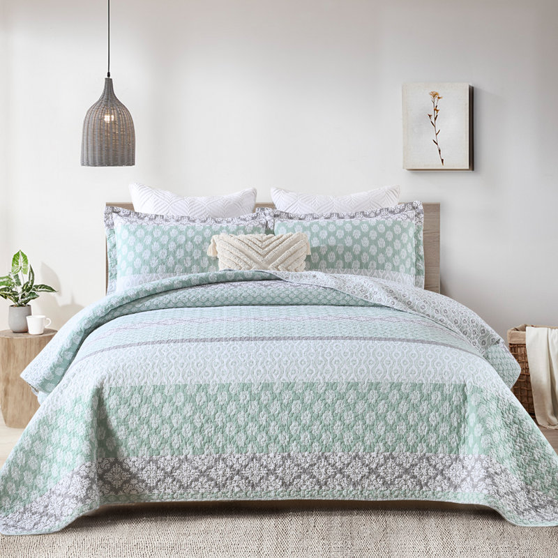 Gray and Green Reversible Cotton Queen Quilt Set