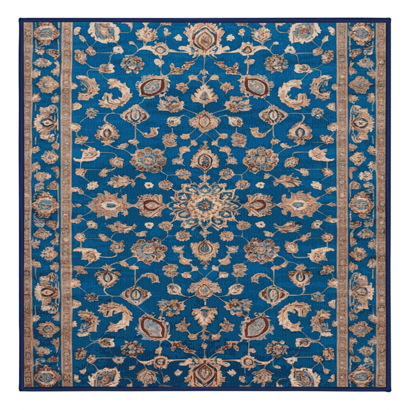 Tapis bleu Tabriz lavable à la machine, Carré 5 pi