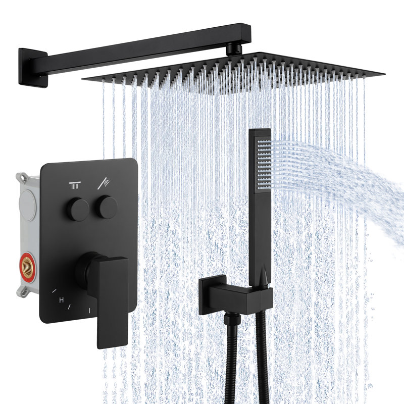 Système de douche complet avec inverseur à bouton-poussoir de douche de pluie de 12 pouces noir