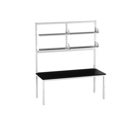 Banc Integra, l 72 po x P 30 po, base coulissante, plateau phénolique, finition thermolaquée époxy blanc cassé, 4 prises doubles blanches standard (circuit unique), assemblage en deux parties, comprenant deux tablettes configurables