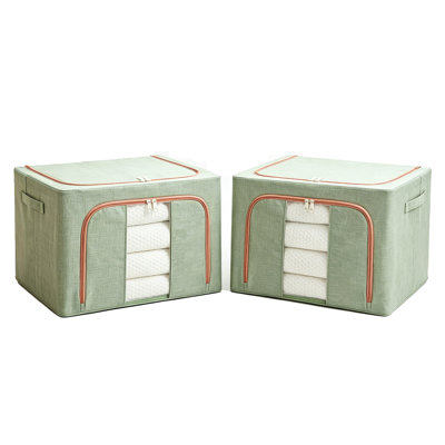Set of 2 66 Liter Light Green Linen Textured Clothing Storage Bins Dual Zipper Transparent Front Window Foldable Closet Storage Boxes for Bedroom Linens and Apparel