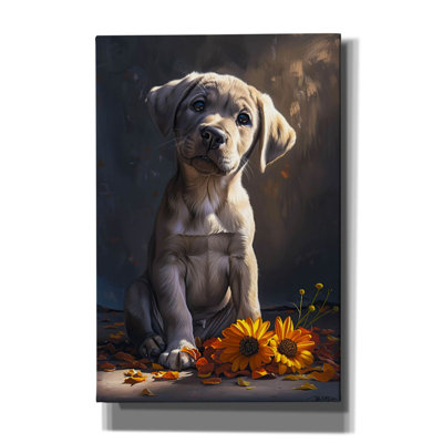 «Cute Puppy With Orange Flowers Dog Course» par Momart, art mural sur toile, 12 po x 18 po